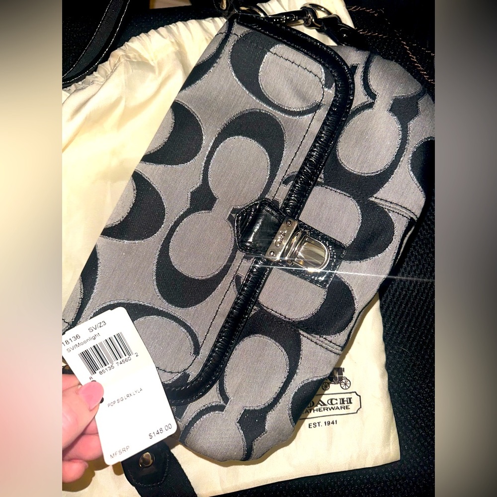 Coach Poppy Signature Lurex Layla Bag #18136 in “SV/Moonlight” aka Black/Grey